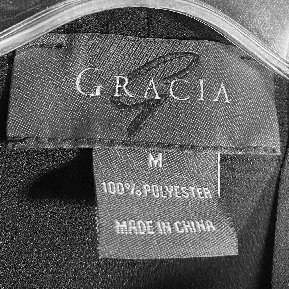 Gracia Black Ruffled PussyBow Tie Neck Button Down Shirt Blouse - Picture 4 of 8
